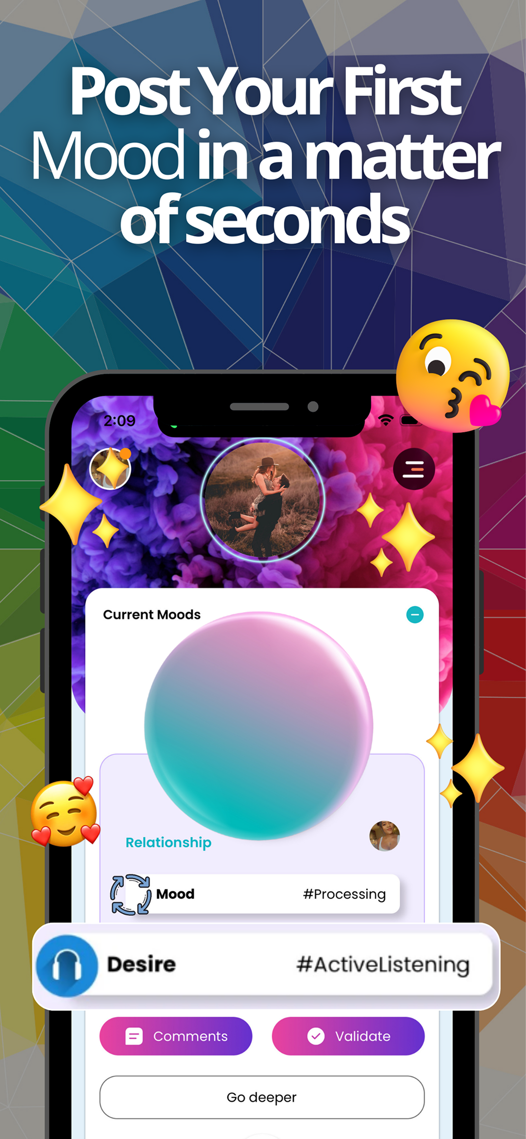 MoodMe app on iPhone — posting a mood with the couples relationship-tracking interface.