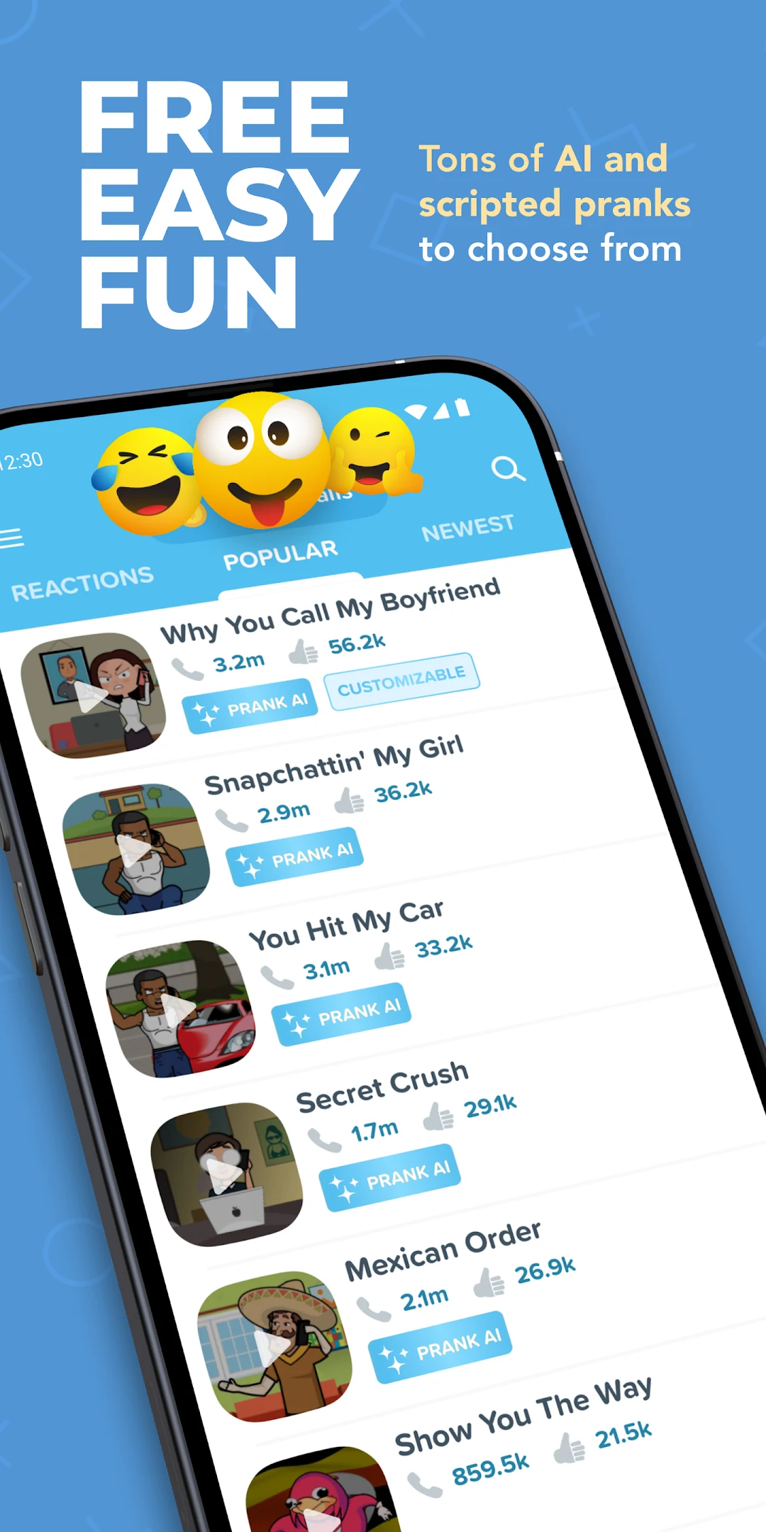 Prank Caller app on iPhone — voice-character prank calling interface.